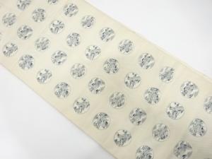 丸紋に家屋風景模様織り出し　名古屋帯
